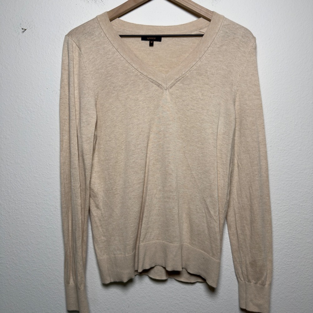 Quince Women Organic Cotton Cashmere V-Neck Sweater Medium Beige Long Sleeve